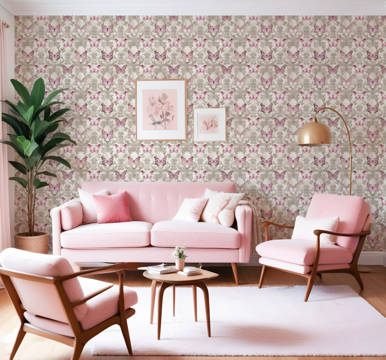 Pink butterflies pattern baroque wallpaper - TenStickers