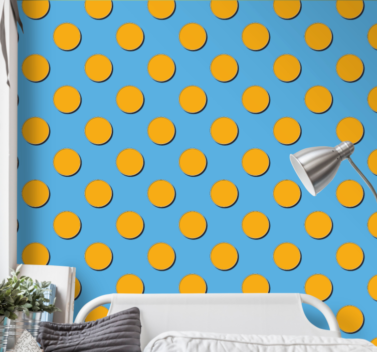 Polka dots wallpaper orange dots on blue background - TenStickers