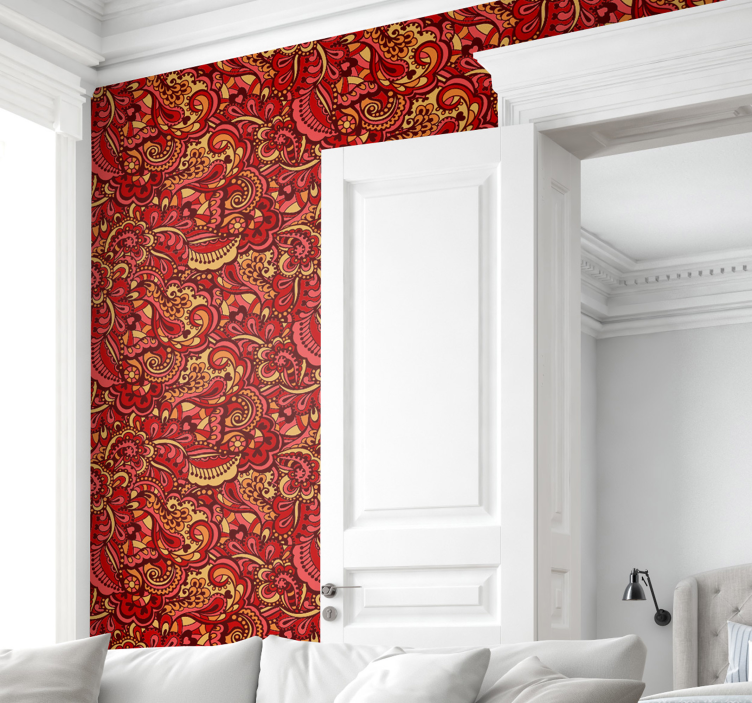 Red ornate pattern floral ornament wallpaper - TenStickers