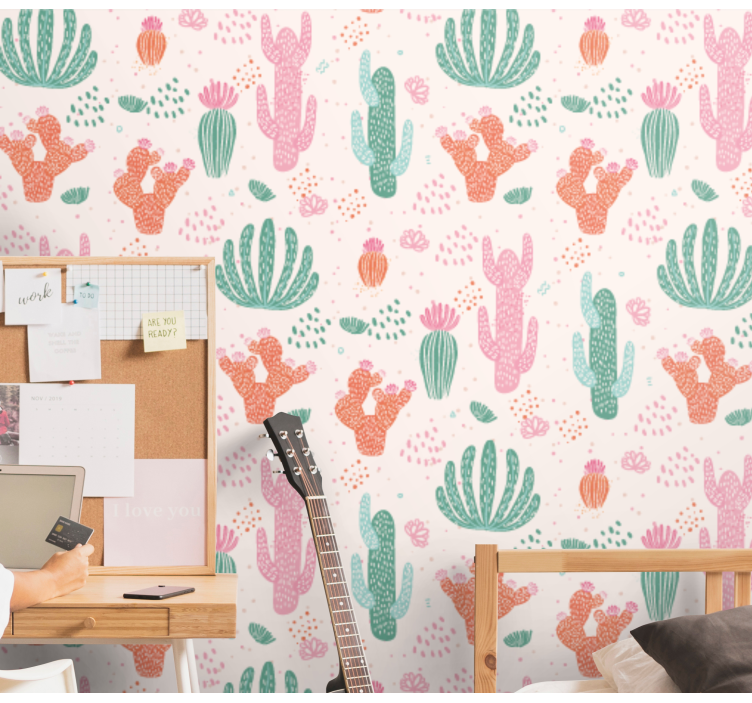 Retro colored cactus pattern leaf wallpaper - TenStickers
