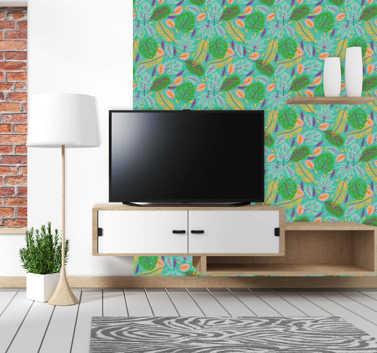 Tropical leaf scene living room wallpaper - TenStickers