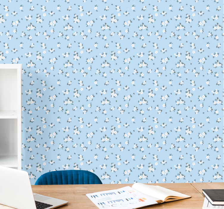 White flowers on blue flower wallpaper - TenStickers