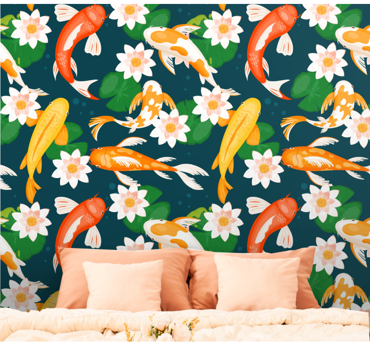 White lotus and fish flower wallpaper - TenStickers